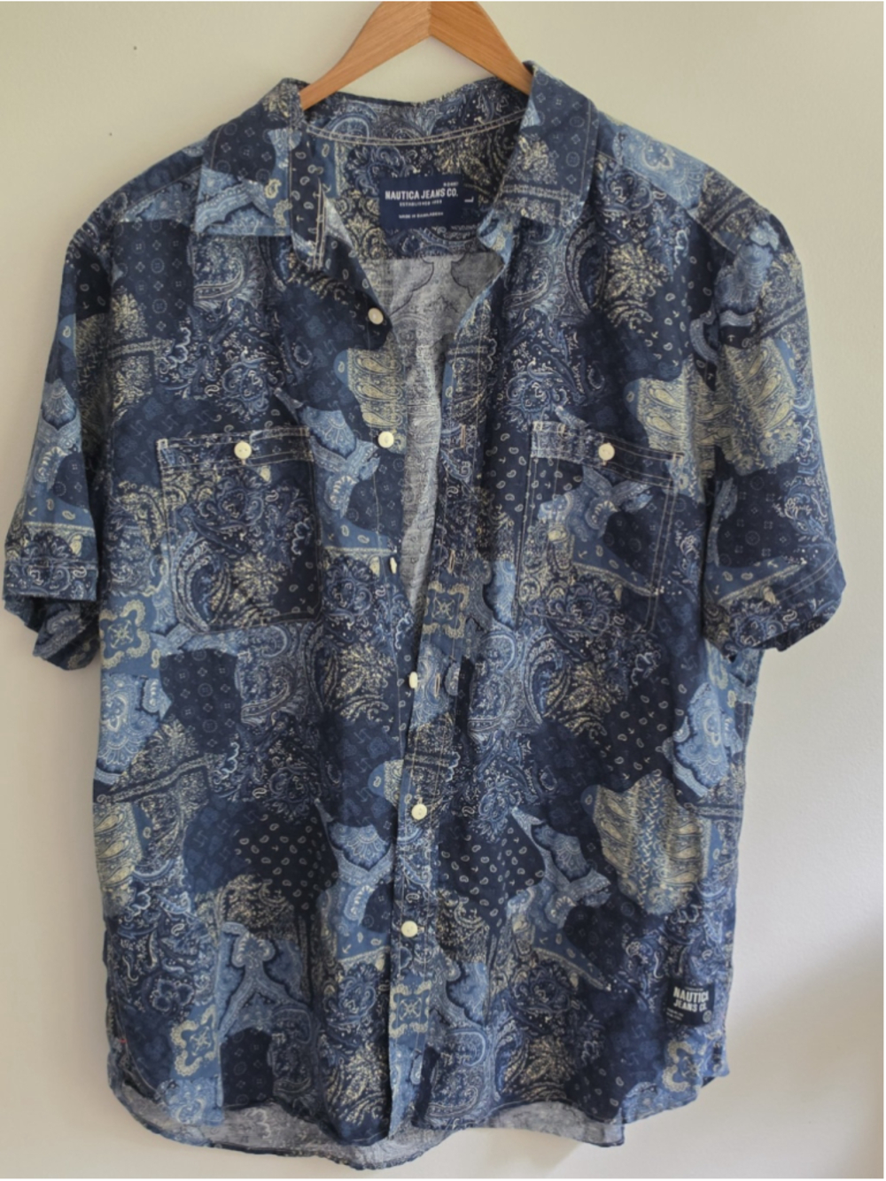 Nautica Jeans Co. Men's Blue Paisley Patchwork Linen Blend Short Sleeve Shirt L